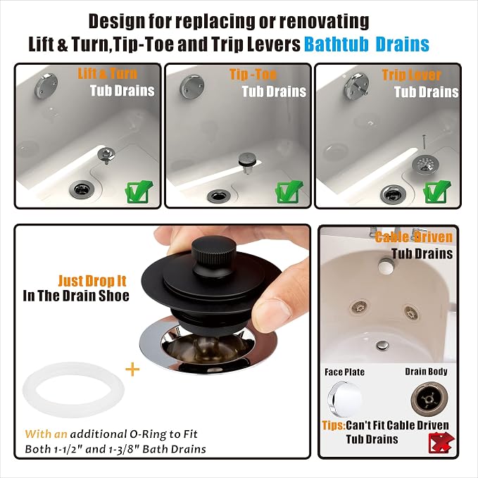 Artiwell Universal Lift and Turn Bath Drain Stopper and Cover, Bathtub Drain - Image 2