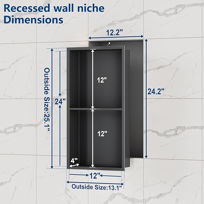 Neodrain 12X24 Inch Shower Niche, Gun Metal 2-Tier Stainless Wall Niche NO Tile - Image 3