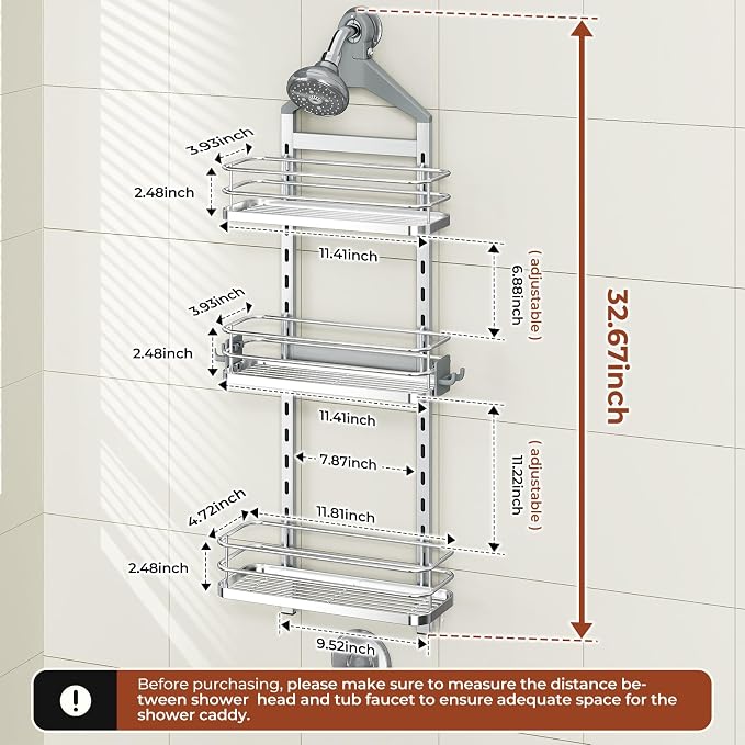 Orimade Aluminum Hanging Shower Caddy Over Head, Adjustable Bathroom Shelf - Image 2