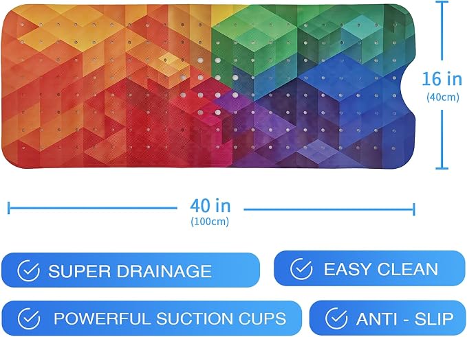 Rainbow Bathtub Mat Non Slip for Kids 40x16 Extra Long Geometry Modern Art Bath - Image 7
