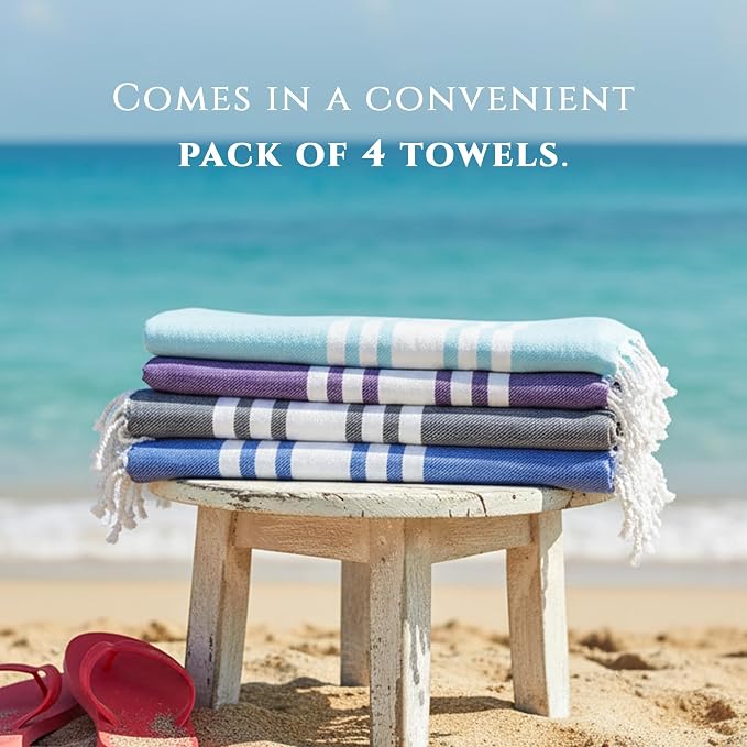 Turkish Cotton Beach Towel Pack of 4 & 1 Boho Tote Bag - Image 5
