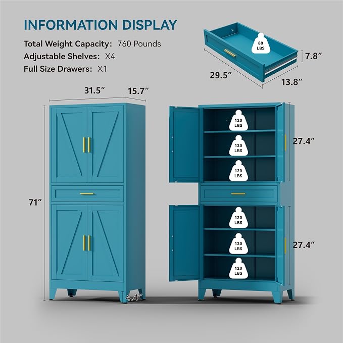 71" Tall Farmhouse Pantry Cabinet, Metal Cabinets - Image 3