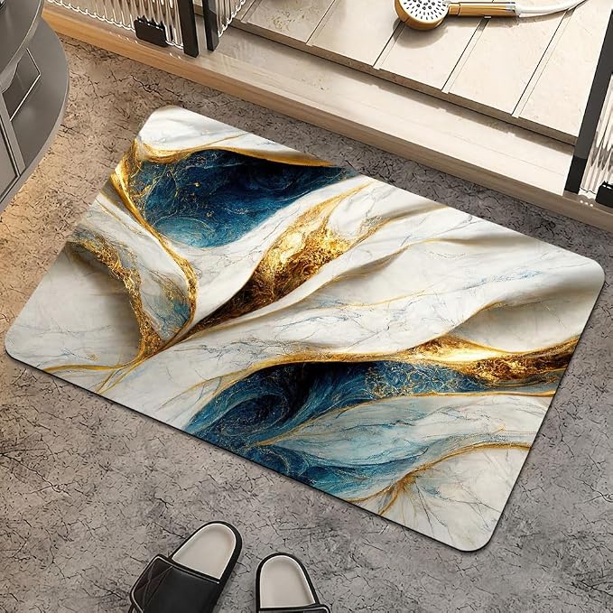 Bath Mat Rug, Abstract Blue and gold marble Non Slip Quick Dry Super Absorbent by ZHUZHISHAN