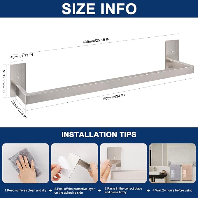 NearMoon Self Adhesive Bathroom Towel Bar, Stainless Steel Square Bath Wall - Image 2