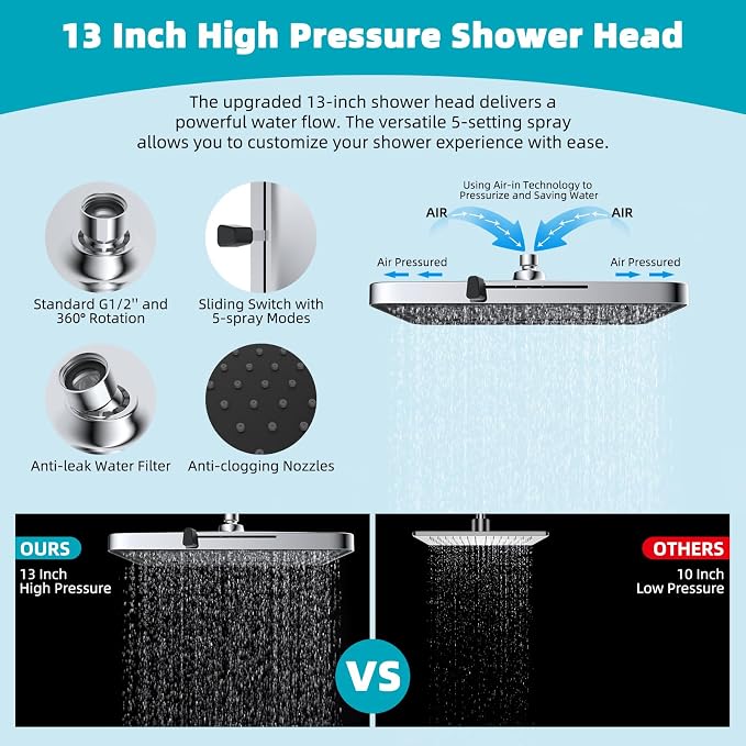 Hibbent Rain Shower Head, Solid Brass Adjustable Shower Arm Extender, Waterfall - Image 4