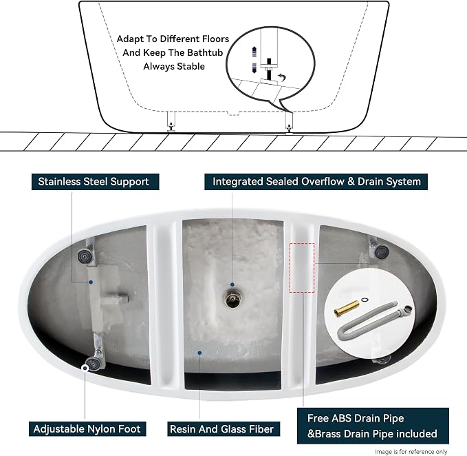 FerdY Tahiti 67" Freestanding Bathtub Elegant Oval Shape, Glossy White Double - Image 5