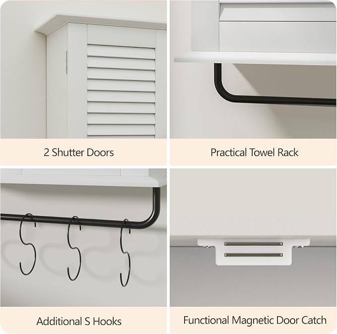 White Wall Mounted Cabinet, Over the Toilet Storage Cabinet, Wooden Wall Cabinet - Image 4