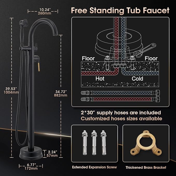Freestanding Bathtub Faucet Black & Rose Gold Tub Filler High Flow - Image 6
