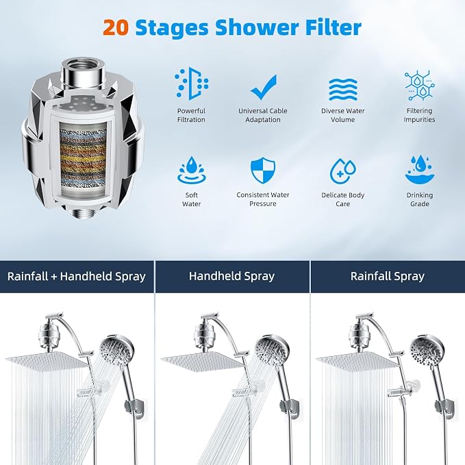 Hibbent All Metal 10'' Dual Filtered Rainfall Shower Head Combo, High Pressure - Image 7