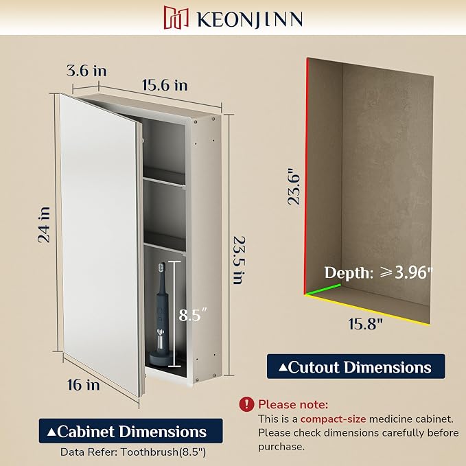 Keonjinn 16.14 x 24.01 Inch Medicine Cabinet, Bathroom Medicine Cabinet - Image 2