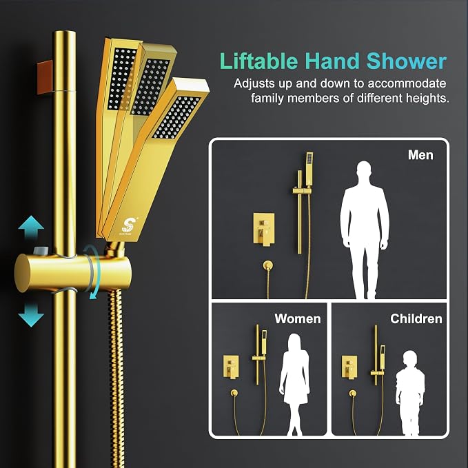 SR SUN RISE 12 Inch Brushed Gold Shower Faucet Set, Wall-Mount Adjustable - Image 2