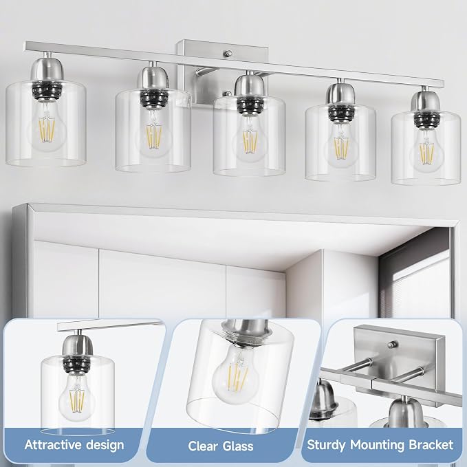 Modern Brushed Nickel 5 Light Bathroom Vanity Light, 31 inch Bathroom Lights - Image 3