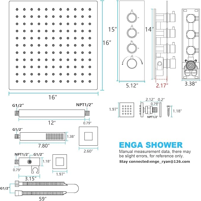 Enga Brushed Gold Shower Jets System, 16 Inch LED Rainfall Shower Faucet Set - Image 8