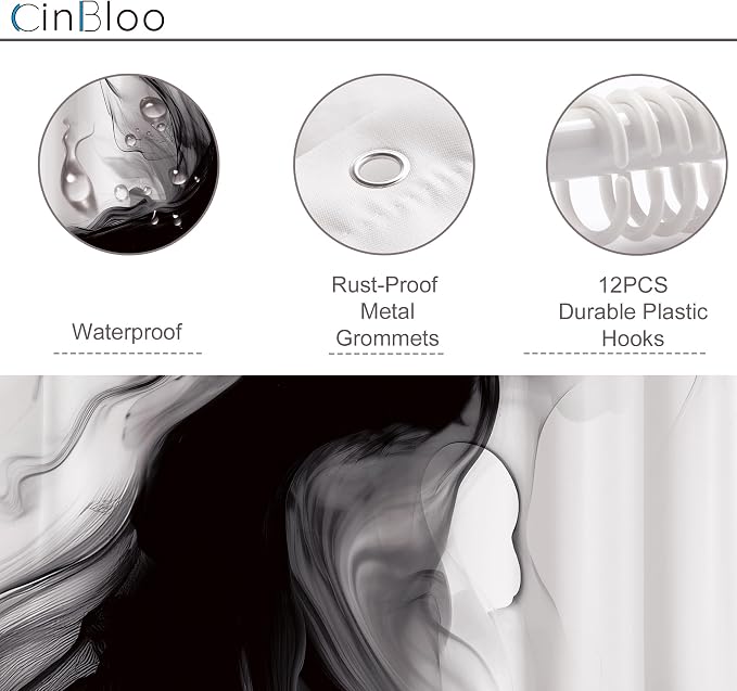 Cinbloo Black and White Marble Shower Curtain 72Wx72H Abstract Modern Neutral - Image 6