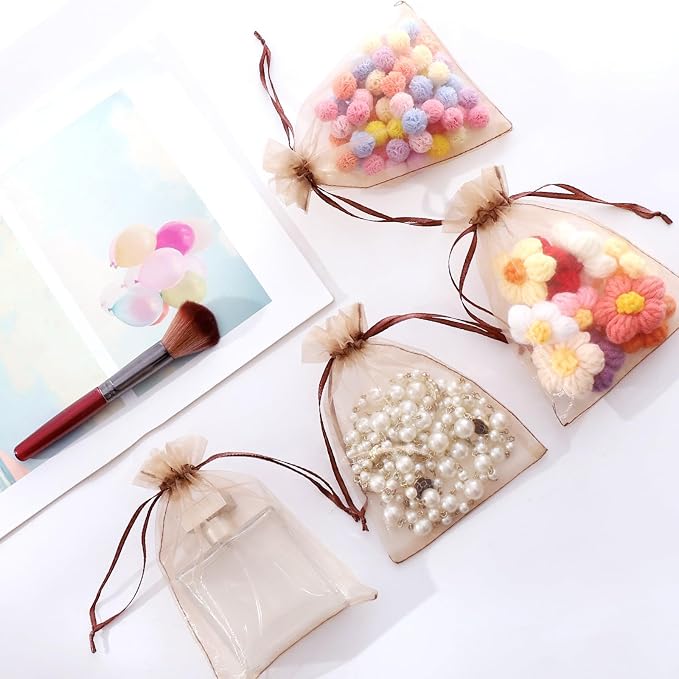 Hopttreely 100pcs Organza Bags, Light Brown 4''x4.72'' Satin Drawstring Organza - Image 6
