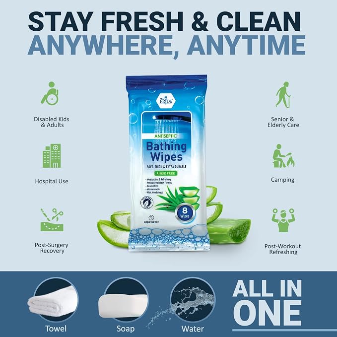MED PRIDE Hospital Wipes for Bathing, Waterless Rinse Free Bath Wipes for Adults - Image 2
