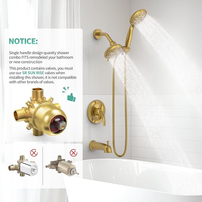 SR SUN RISE 5-Spray Dual Shower Head Cmbo Tub Faucet Set 3-Way Shower Head and - Image 2