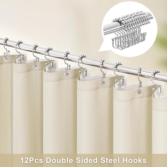 MitoVilla 3 in 1 Shower Curtain Set, Neutral Boho Farmhouse Linen Textured Bath - Image 2