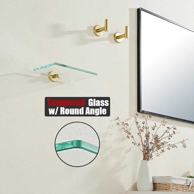 JQK Bathroom Glass Shelf Gold, Tempered Glass Shower Storage 8 by 5 inches - Image 6