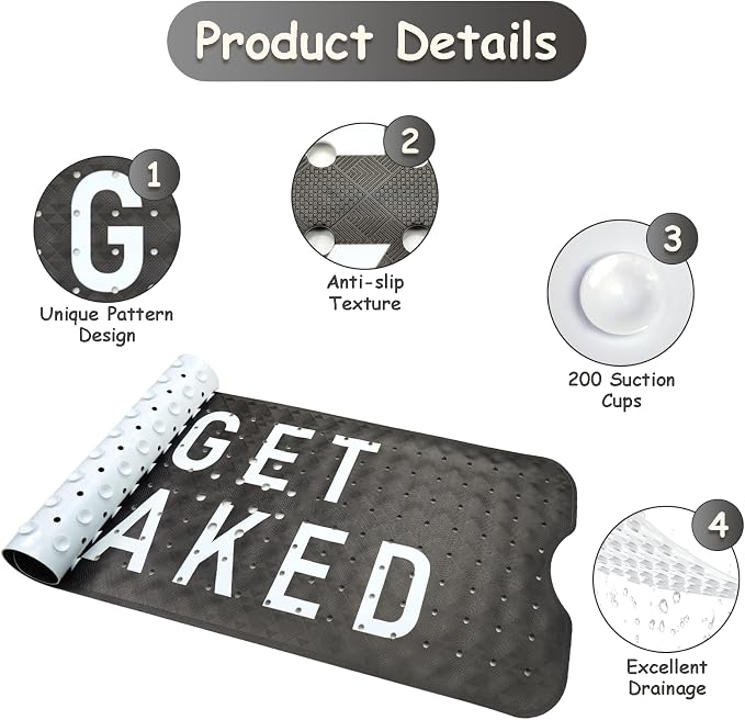 Bathtub Mat Non Slip, Get Naked Extra Long Bath tub Mat Shower Floor Mat - Image 3