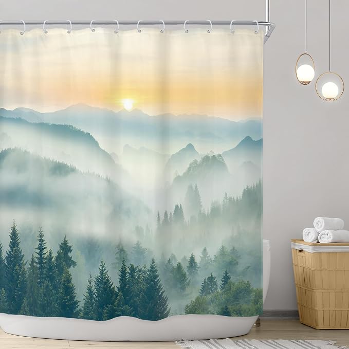 Riyidecor Extra Long Mountain Shower Curtain 72Wx78H Inch Green Yellow Sunset - Image 2