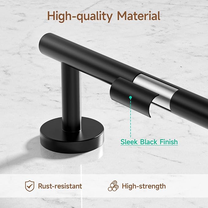 USHOWER Matte Black Bathroom Hardware Set, Modern 24-Inch Towel Bar Set Wall - Image 2