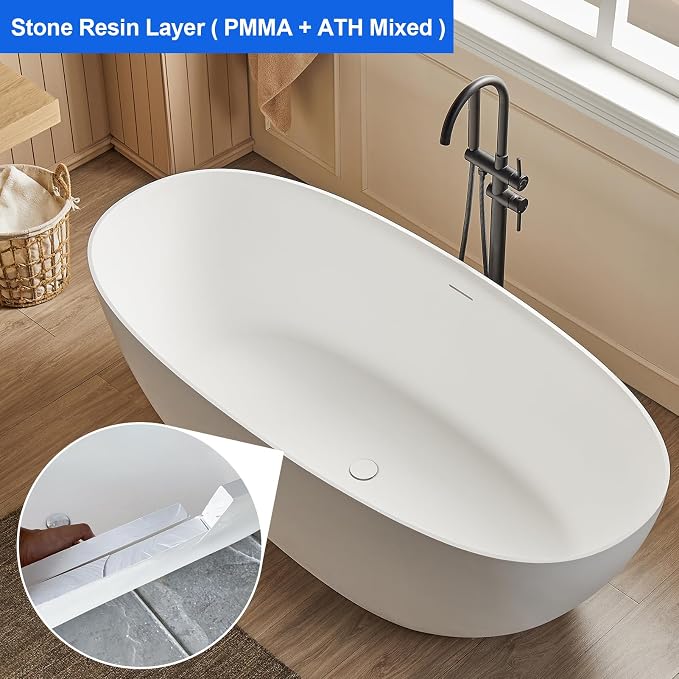 Cpingao 71" Stone Resin Freestanding Bathtub, Contemporary Oval Stand Alone - Image 2
