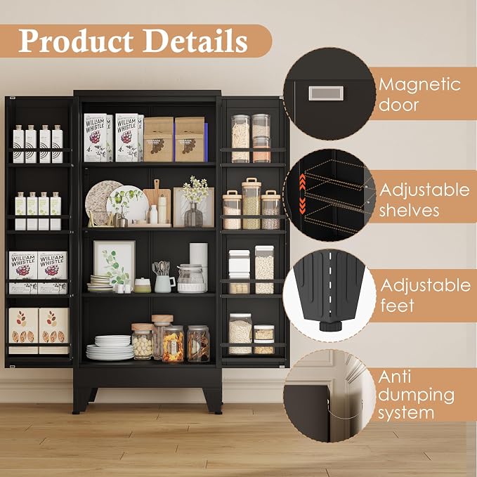 48" H Metal Kitchen Pantry Storage Cabinet, Freestanding Cupboard Storage - Image 4