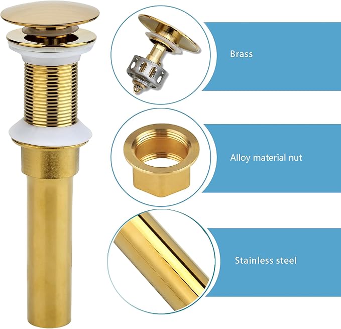 Bathroom Sink Drain, 2 Pack Gold Drain Stopper Bathroom Sink Without Overflow - Image 3