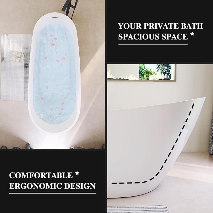 59" High-back Acrylic Freestanding Bathtub, Stand Alone Slipper Soaking Tub - Image 4