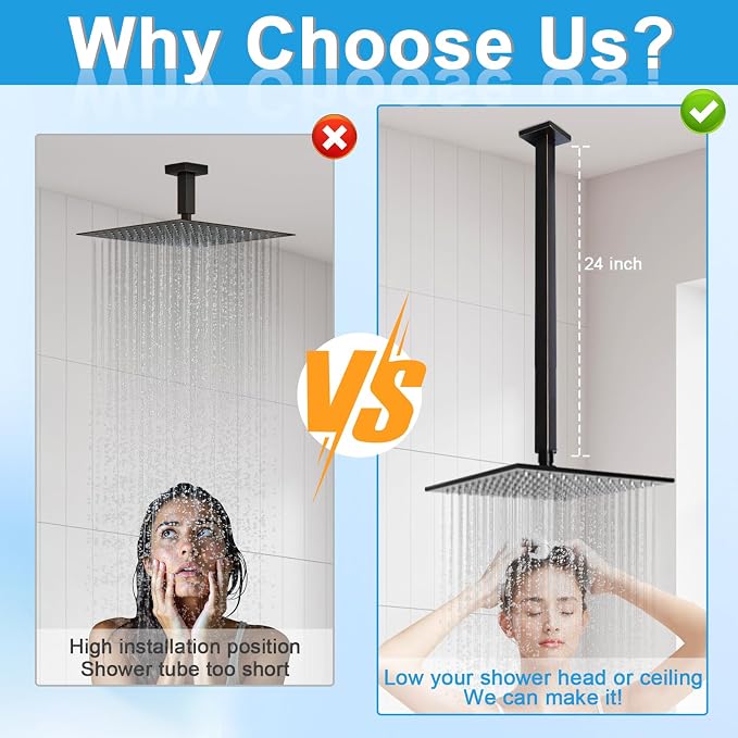 Shower Arm with Flange 24 Inches Ceiling Mount Square Straight Extender - Image 3