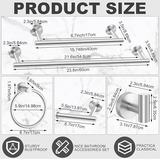 Gisafai 25 Pcs Bathroom Hardware Set, 23.6 Inch Brushed Towel Bar Ring Toilet - Image 2