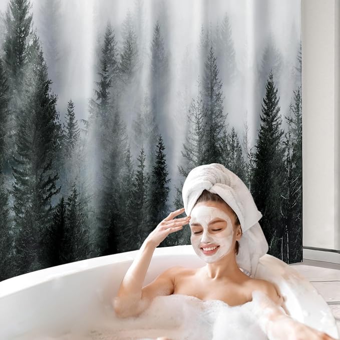 ORTIGIA Dark Green Misty Forest Shower Curtain - Image 9