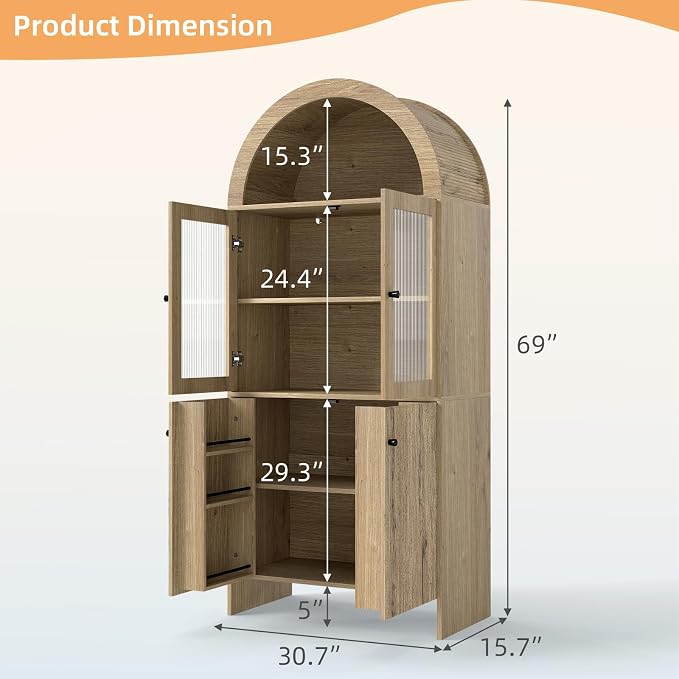 69" Tall Arched Kitchen Pantry Cabinet, 5-Tier Dome Cabinet - Image 2