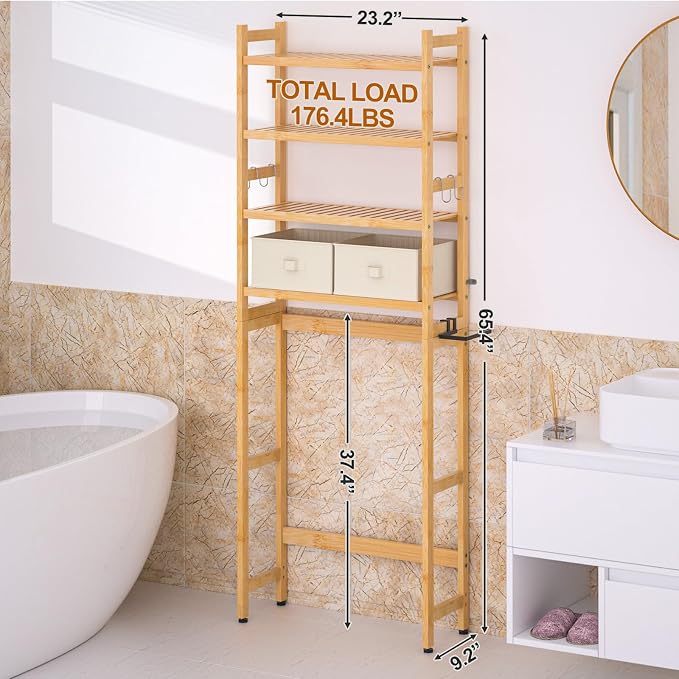Over The Toilet Storage with 2 Baskets, 4-Tier Bamboo Organizer Rack with Paper - Image 6