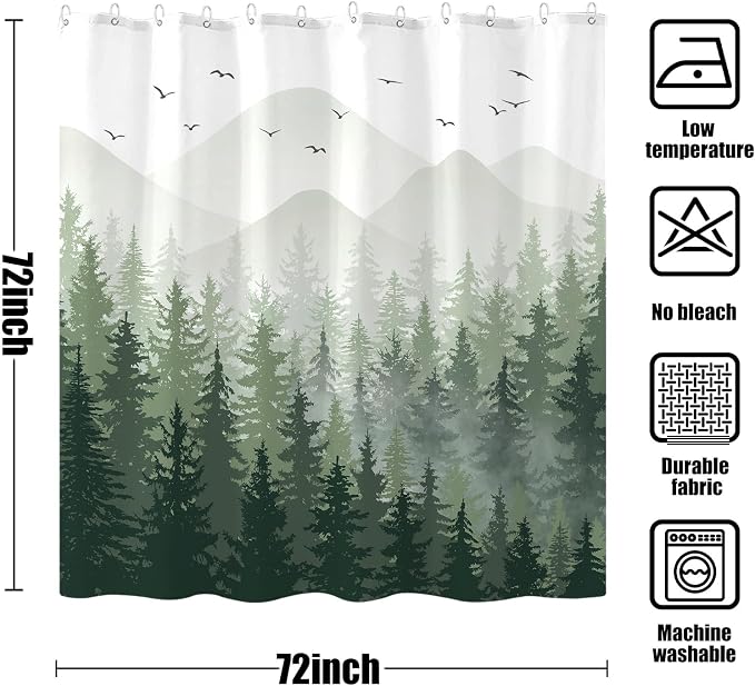 Aipon Green Misty Forest Shower Curtain Ombre Nature Tree Plants Shower - Image 7