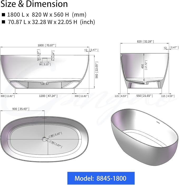 Cpingao 71" Stone Resin Freestanding Bathtub, Contemporary Oval Stand Alone - Image 6
