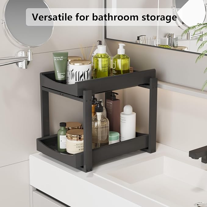 Bamboo Under Sink Organizer Adjustable Height 2 Tier Bathroom Organizer Pull - Image 5