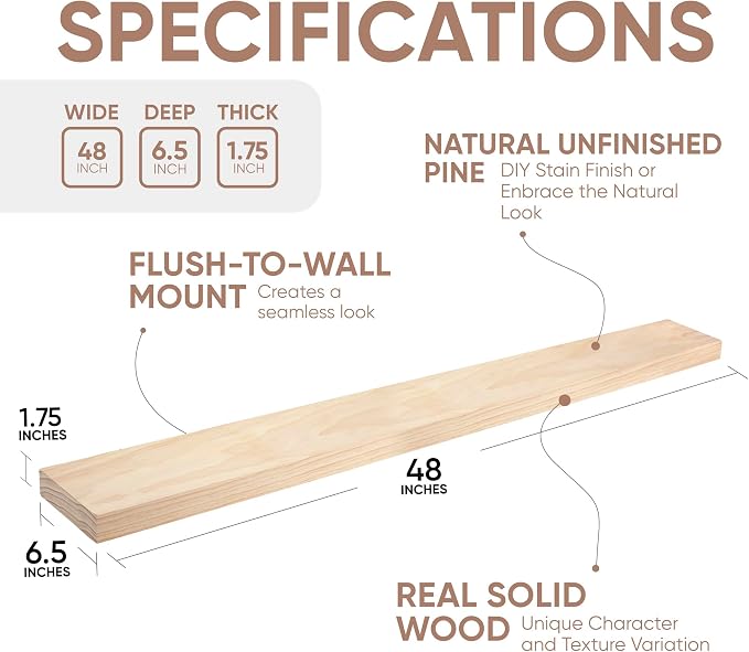 Homeforia Wood 48 inch Floating Shelf, High End Solid Natural Wood 48inch - Image 2