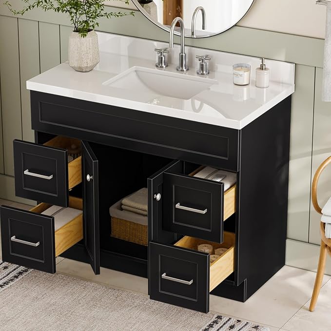 ARIEL Hamlet 43 Inch Single Sink Bathroom Vanity in Black, 1.5" Edge Quartz Top - Image 5