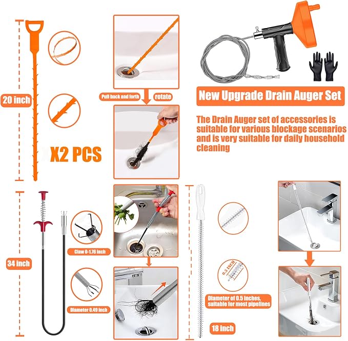 Drain Snake Auger 33 Feet, Plumbing Snake Drain Hair Clog Removal Tool - Image 7