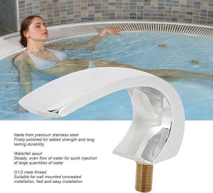 Asixxsix Waterfall Tub Spout, Rounded Curve Wall Mount Tub Filler G1/2 Male - Image 4