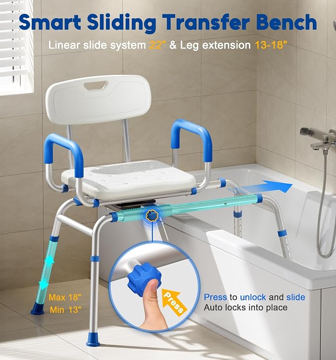 Sliding Shower Chair with Extra-Wide 360° Swivel Seat, 330lbs Tub Transfer Bench - Image 4