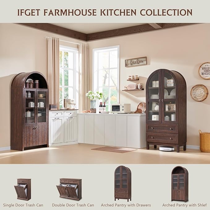 71" Tall Arched Kitchen Pantry Cabinet, Wood Kitchens Storage Cabinets - Image 6