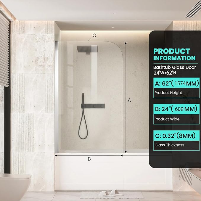 Glass Shower Panel 24" W x 62" H Frameless Bathtub Shower Door Bathtub Panel - Image 3