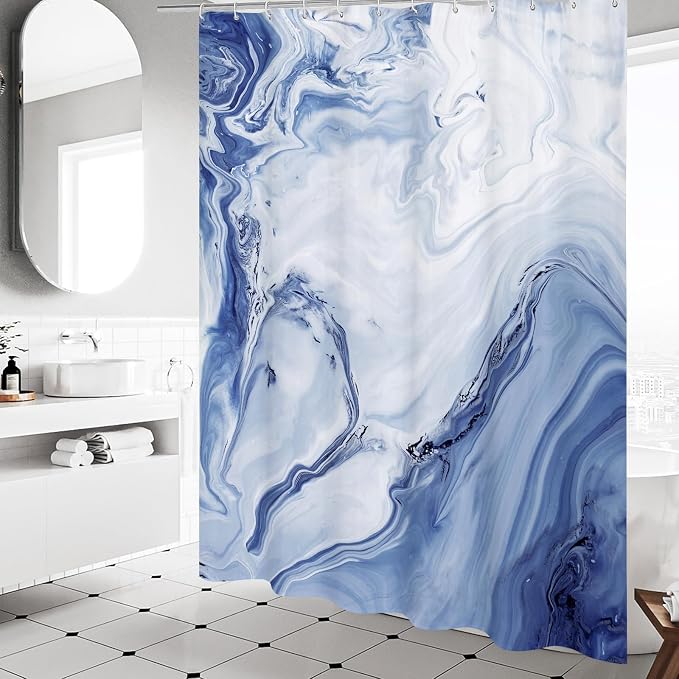 MitoVilla Navy Blue Marble Small Stall Shower Curtain 36 x 72, Abstract Ombre - Image 2