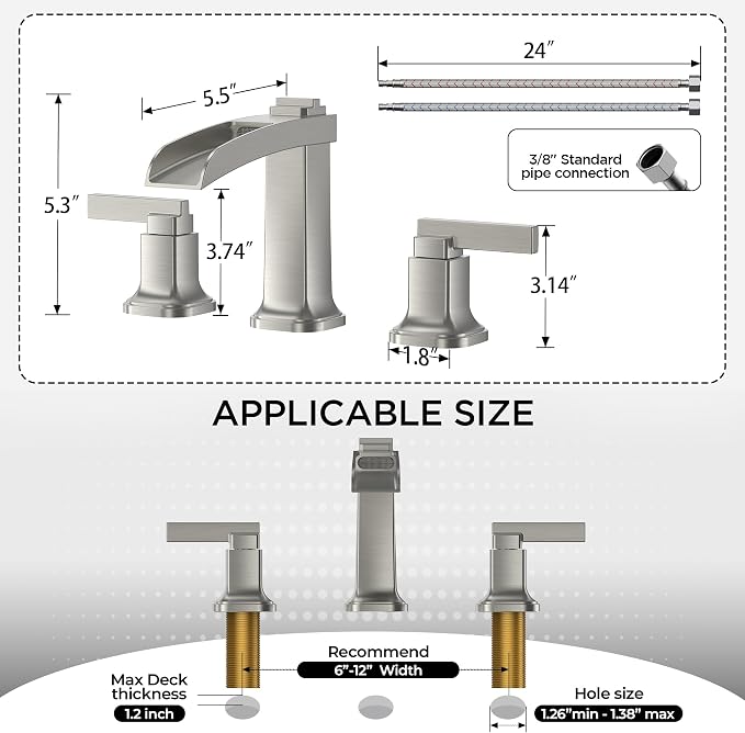 FORIOUS Brass Bathroom Faucets 3 Hole, Modern Waterfall Widespread 8 Inch - Image 2