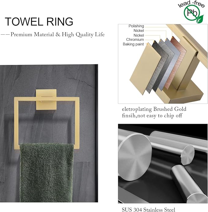 TNOMS Brushed Gold Towel Bar Set Bathroom Hardware Set, 5 Pieces Gold Bathroom - Image 2