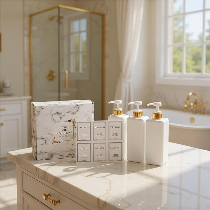 Modern Gold Design Shampoo and Conditioner Dispenser, Large 27oz Shower Soap - Image 9