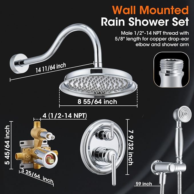 Shower System with Rain Shower Head, Handheld Spray, Rough-in Valve and Trim - Image 5